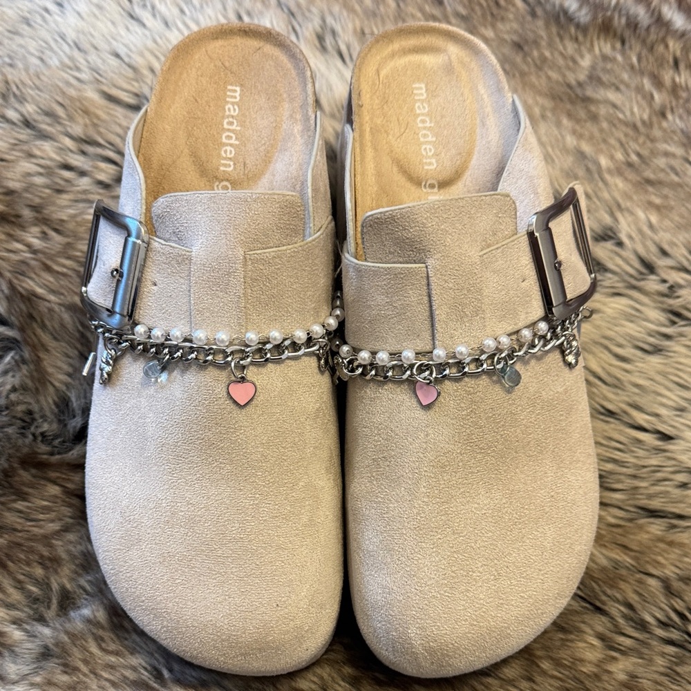 Madden Girl Tan Mules with Pearl and Heart Chain